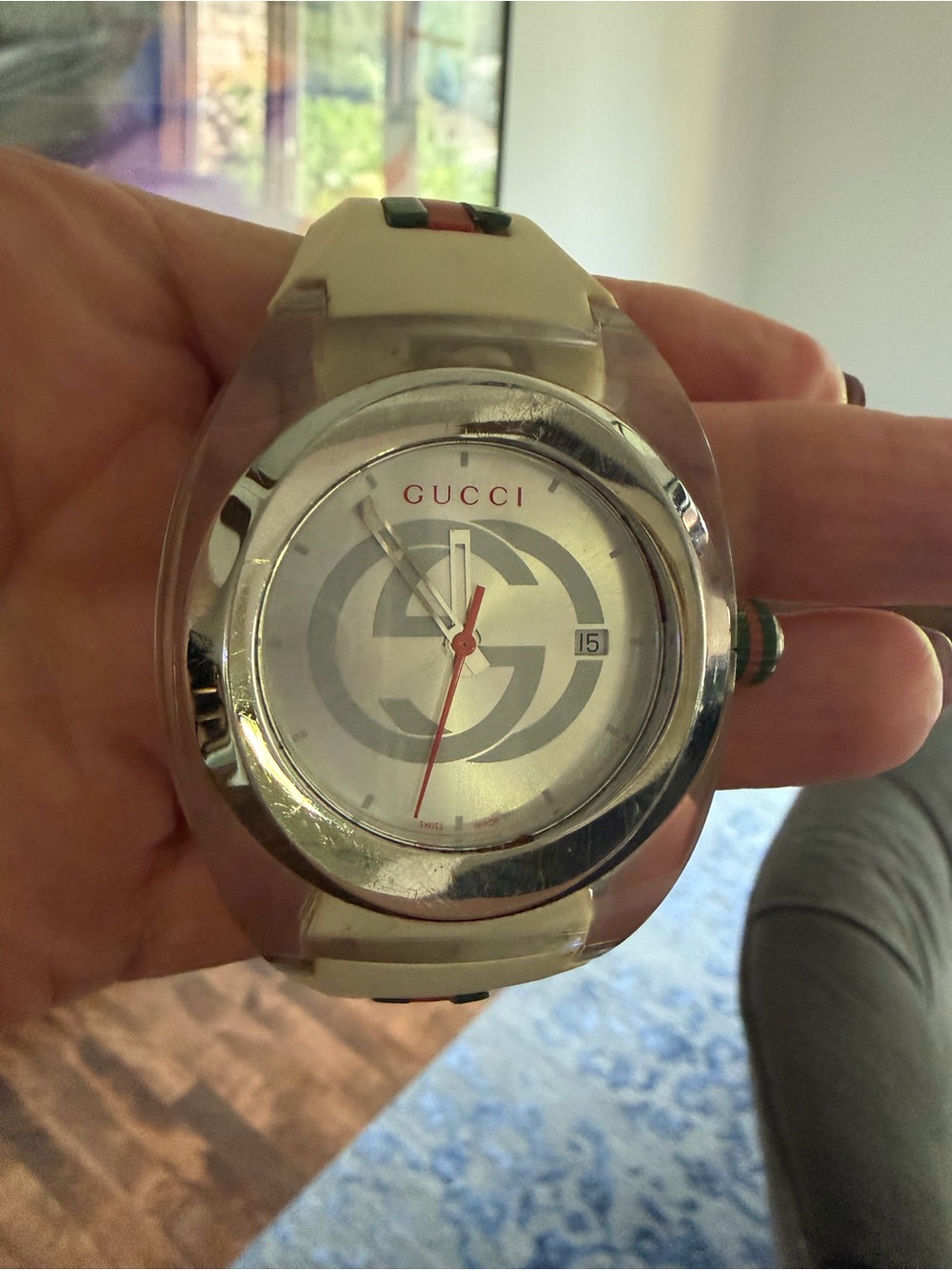 Gucci White Strap Silver Dial Watch with Red Second Hand